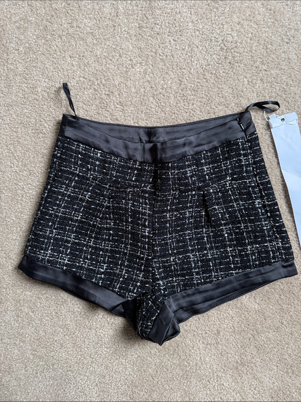 High-Rise Black Tweed Women's Shorts with Satin Trim